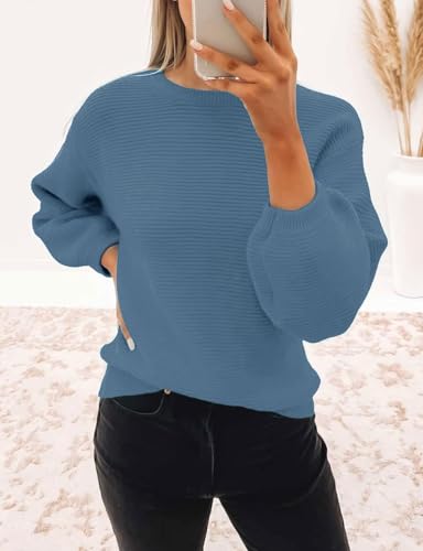 Image of ZESICA Women's Crew Neck Long Lantern Sleeve Fall 2026 Casual Loose Ribbed Knit Solid Soft Pullover Sweater Tops