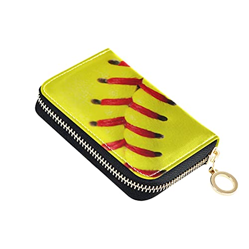 OTVEE Yellow Softball Credit Card Holder Case Leather Printed Zipper ID Card Case Wallet Small RIFD Blocking Wallet for Women Girls
