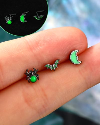 COCHARM 3PCS Halloween Nose Stud 20g Glow in the Dark Nose Ring Stud Black Bat Spider Black Nostril Stud L Shape Surgical Steel Nostril Piercing Jewelry for Women Men4