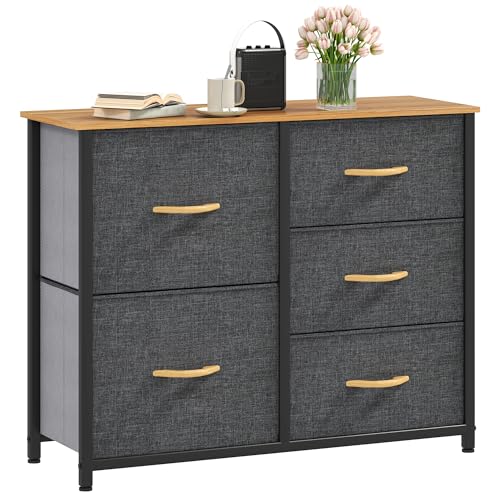 DWVO Kommode mit 5 Schubladen, langlebiger Stoff, Robustes Metallgestell, modern und funktional, ideal für Schlafzimmer, Wohnzimmer, Flur, Kinderzimmer, dunkelgrau