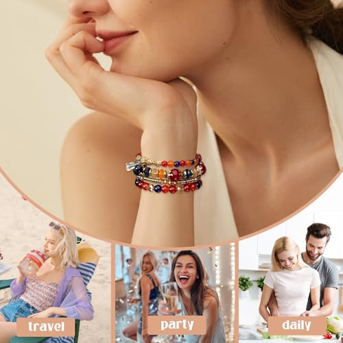 APMGONT Boho Kristall Perlen Armband, 4 Stück Boho Quaste Armbänder für Damen, Natürliches Kristall Heilsteine Armband, Statement Armreifen für Weihnachten, Valentinstag, Geburtstag (Beige)