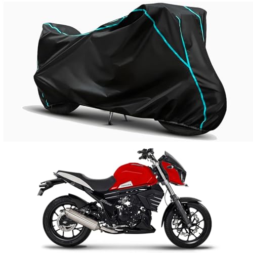 Image of Waterproof Bike Body Cover Compatible for | Mahindra Mojo 300 ABS | Taffeta Fabric, Sky Piping Design, Bottom Elastic Fit | Dustproof, Sun UV & Rain Protection for All Weather.