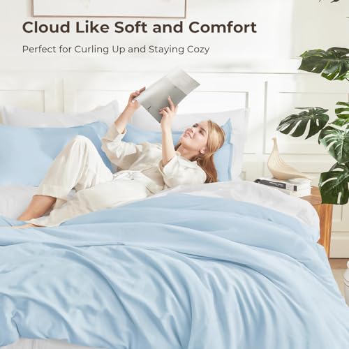 Image of Litanika Comforters Light Blue Queen Size, 3 Pieces Lightweight Solid Bedding Comforter Set, All Season Fluffy Bed Set (90x90In Comforter & 2 Pillowcases)