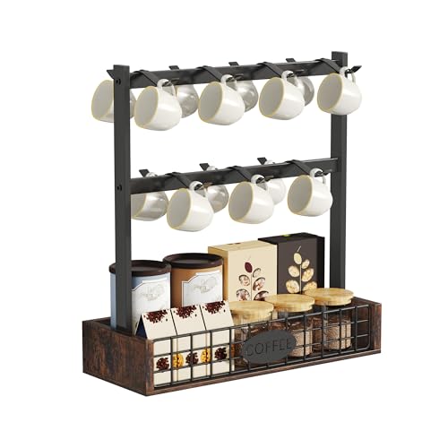YITAHOME Porte-tasses de comptoir avec 7 crochets et base de rangement, support de tasse en métal avec étagère de garde-corps, organiseur de tasses noir...