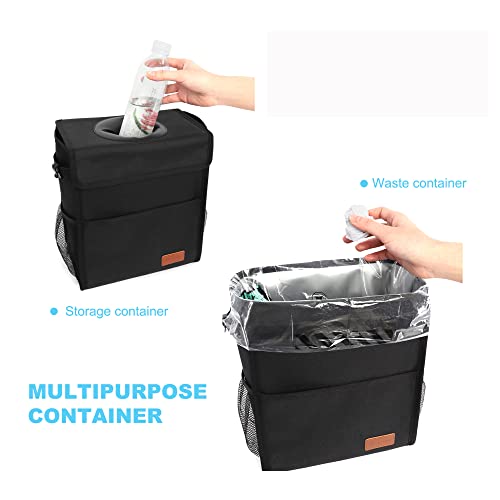 Image of Leak Proof Car Trash Bag Waterproof Garbage Can with Lid for SUV Front Seat Multipurpose Car Hanging for Headrest Collapsible and Portable with Storage Mesh Pocket, Large / Black