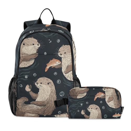 Kids Backpacks Set Otter Fish Animal Sea Boys Girls Backpack with Lunch Bag Toddler Bookbag