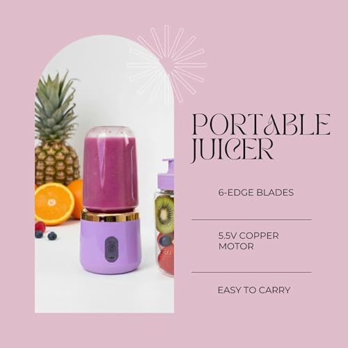 Image of ZENOVIA Portable Juicer Bottle, Purple | Dual Cup, USB Rechargeable Smoothie Maker, Leakproof Mini Juicer, Travel, Gym & Kitchen