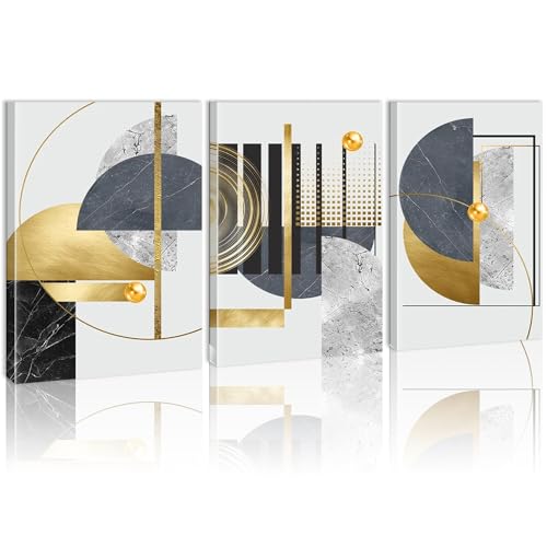 Décoration murale de luxe dorée : triptyque géométrique abstrait sur toile
