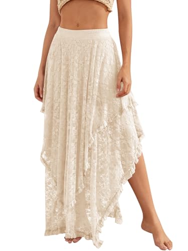 YKR Womens Lace Long Skirts Elastic Asymmetrical Layered Hem Sexy See-Through Flowy Skirts Floral Beach Maxi Skirt Beige L