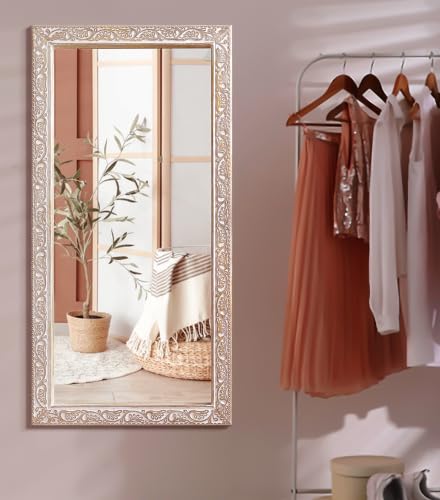 Image of Rustic Solid Wood Wall Mirror - Bathroom Vanity Mirror, Farmhouse Decorative Mirror for Home, Vertical & Horizontal Hanging, Wood Finish 48x24x1.25 inch White Antique