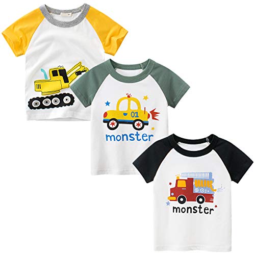 DEEKEY Toddler Little Boys Shirts 3-Pack Short-Sleeve Graphic T-Shirts Top Tees for Kids 2-7T (Car Excavator Fire Truck, 3T)