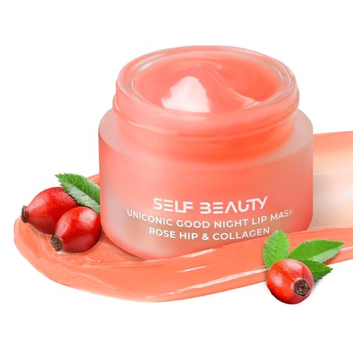 SelfBeauty - Máscara de labios con colágeno y escaramujo, bálsamo labial vegano, hidratante de labios, tratamiento de labios hidratante durante la noche con péptido de colágeno, exfoliante labial