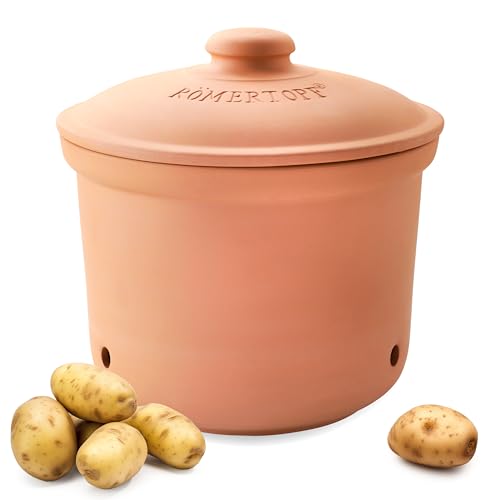 Römertopf Kartoffeltopf MAXI PLUS aus Naturton, Terrakotta, Ø 26 cm, 5,5 L Vorratstopf für ca. 3 kg Kartoffeln & Gemüse, belüftet mit 3 Lüftungslöchern, Unterteil glasiert, spülmaschinengeeignet