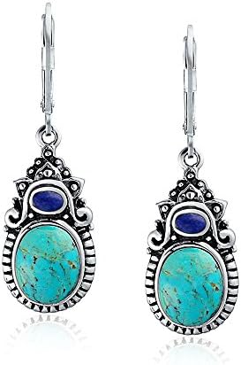 South Western Style Multi Stones Stabilized Turquoise Oval Lapis Lever back Dangle Earrings For Women .925 Sterling Silver