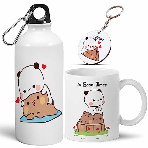 Image of Bubu Dudu Love Gift for Birthday /Anniversary Sipper Water Bottle 750 ML Aluminium with 320 ML Coffee Mug, Wooden Keychain Combo Pack MSK-V (Design-3)