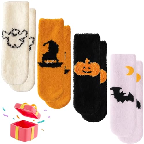 BeoTnp Halloween Gifts, 4 Pair Fluffy Socks for Women, Cozy Winter Home Wear, Fun Party Accessories, Suitable For Pairing With Soft And Comfortable Slippers And Keeping Warm