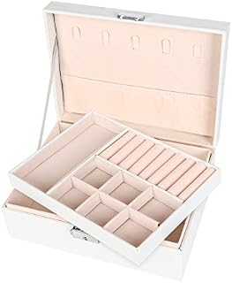 Astoryou Jewellery Box Organizer, 2-Layer Lockable Jewellery Box PU Leather Display Jewelry Holder Necklace Watch Storage Box with Lid Removable Divider for Earring Ring Necklace, White