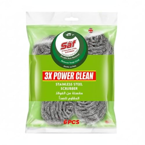 Saf Stainless Steel Spiral Scrub Sponge Pack of 6 Heavy Duty Metal Scouring Pads for Kitchen Cleaning Removes Tough Grease & Burnt Food Reusable Dish & Cookware Scrubbers