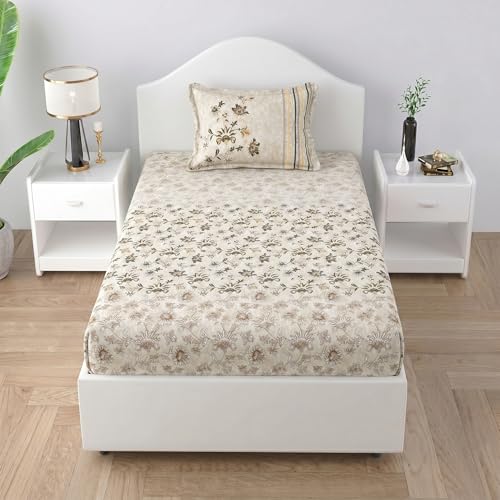 Image of Mafatlal 186 TC Spring Glory Graceful Pure Cotton Single Flatsheet (60 x 90 Inch) | Breathable Summer Comfort | Wrinkle-Free Floral Bedsheet with 1 Pillow Cover, Floral Beige