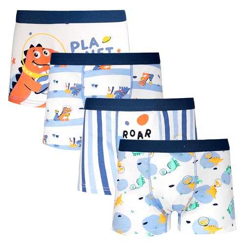 Tphon Boys Boxer Briefs, Toddler Kids Cotton Underwear Dinosaur Printed Shorts Set 4 Pack, 2-10 Years