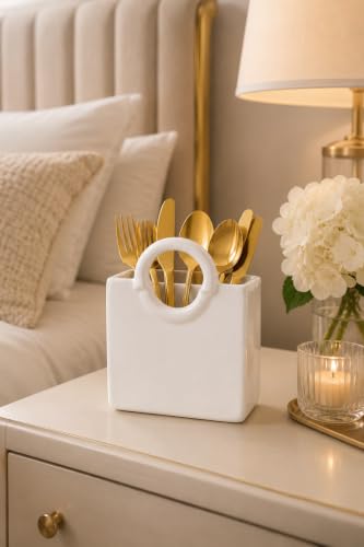 Image of Ceramic Utensil Holder, White Kitchen Organiser, Cutlery Set Holder (White)