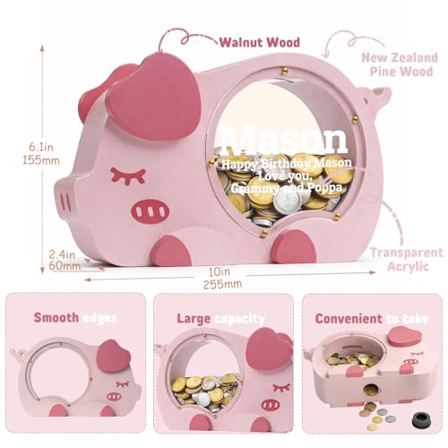 Image of Personalized Piggy Bank for Kids, Cute Money Bank for Girls, Clear Coin Bank with Plug, Wood Kids Bank Toy Unbreakable Money Box, Gift for Children Birthday Christmas and Decor