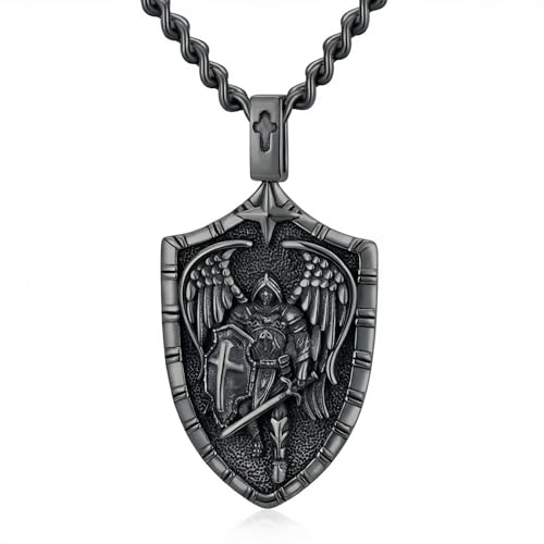 WINNICACA St Michael Pandant for Men 925 Sterling Silver Black Gold Plated Saint Michael Necklace Protection Necklace Travel Jewelry Bithday Fathers Mothers Day Gifts for Men Dad Son Police