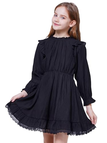 WULFUL Girls Long Sleeve Dress Flared Belted Fall Casual Party Dress A-line Swing 5-14 Years