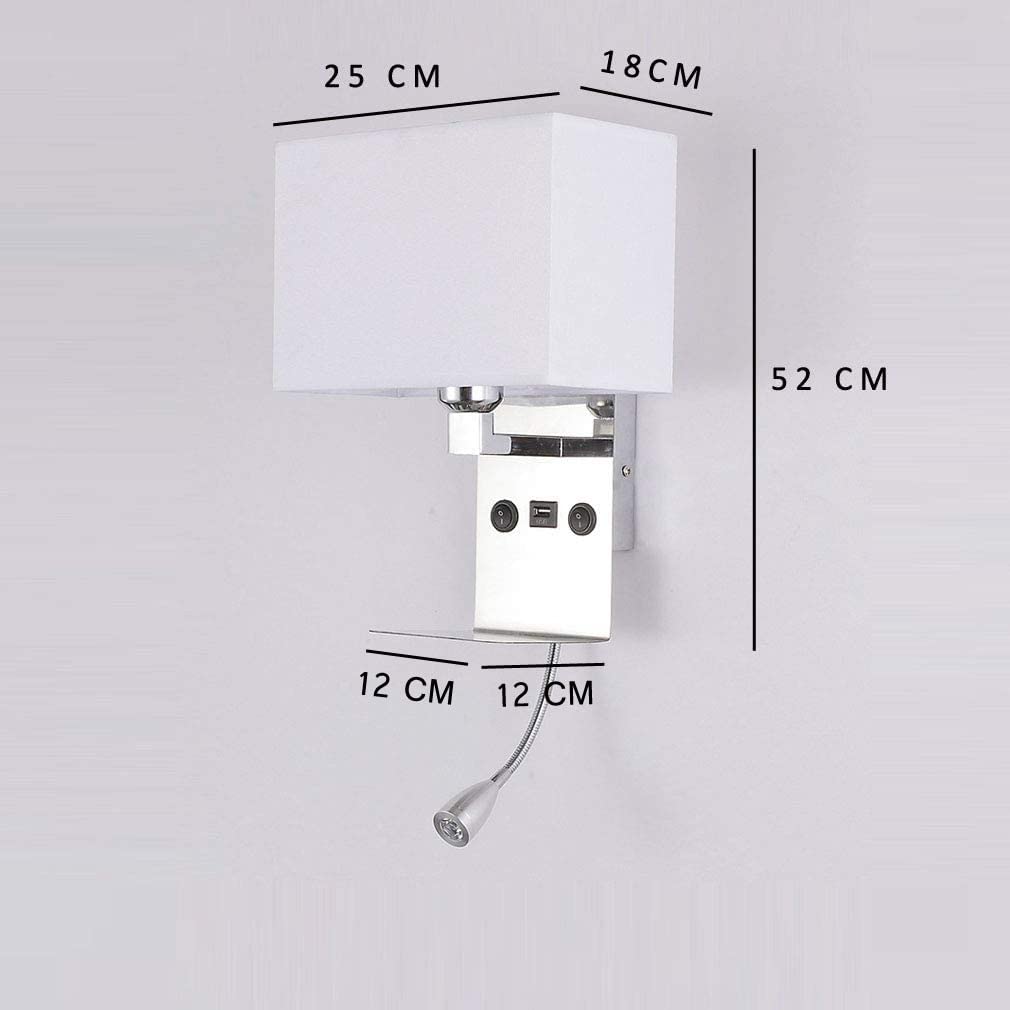 Nowoczesna lampa ścienna z portem USB i 3 W LED regulowana ciepła biała lampa do czytania, oświetlenie materiałowe, gniazdo E27, przy łóżku, 2 przełączniki, stylowa do sypialni (biała)