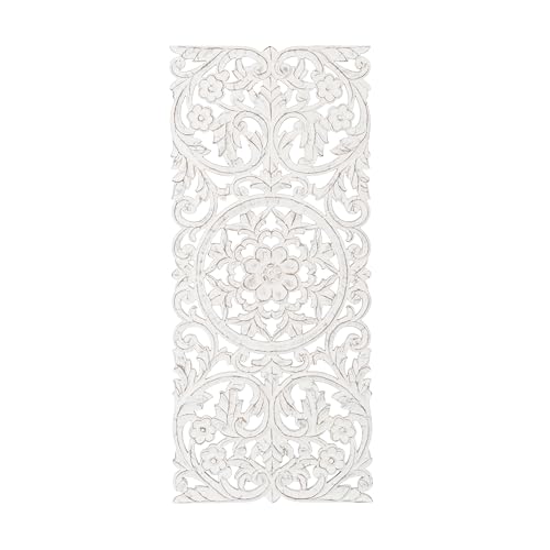 Image of JFY Designs Carac Hand Carved Wood Medallion Wall Panels Bedroom Decor | Wall Mount Floral Sculpture Wall Art for Living Room, Bedroom Set, White Distressed Finish, Rectangular 16 x 36 inch