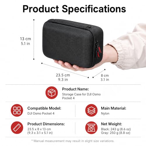 Image of ZORBES Compatible with DJI Osmo Pocket 4, Action Camera Hard Shell Nylon Travel Case Accessories Bag with Plush Liner Compartment & Mesh Pocket, Anti-Scratch Carry Case with Hand Strap, 23.5x13x8.4cm