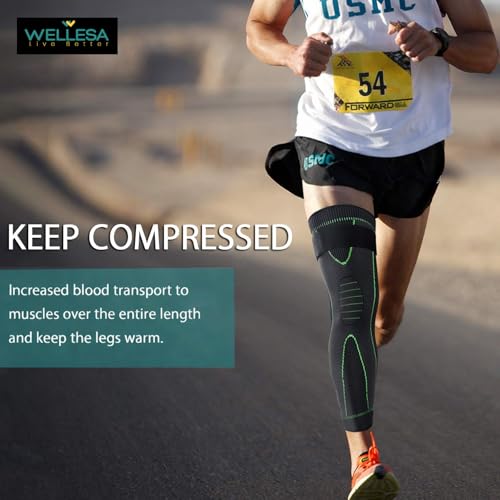 Image of WELLESA Long Knee Cap Support for Men & Women | Pain Relief Brace | Breathable & 4-Way Stretch | Compression Knee Sleeve for Sports, Gym & Injury Recovery (Pair, XL)