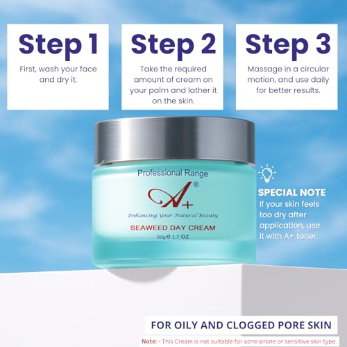 Image of A+ Seaweed Brightening Day Cream for Glowing Skin | Whitening & Moisturizing Face Cream for Men & Women | Lightweight Non-Greasy Formula | Hydrating Daily Cream for Normal to Oily Skin, 50g