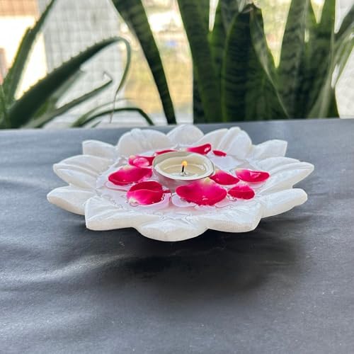 Image of Marble Urli Bowl for Decoration | Big Potpourri Decorative Bowls in Home decor | Large White Floating Flower Plates of Stone | Small Shape puja Item | (6 inch, Lotus Plate)