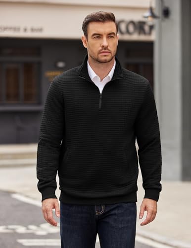 COOFANDY Mens Quarter Zip Pullover Long Sleeve Quilted Sweatshirt Casual Waffle Sweaters Polo with Pocket4