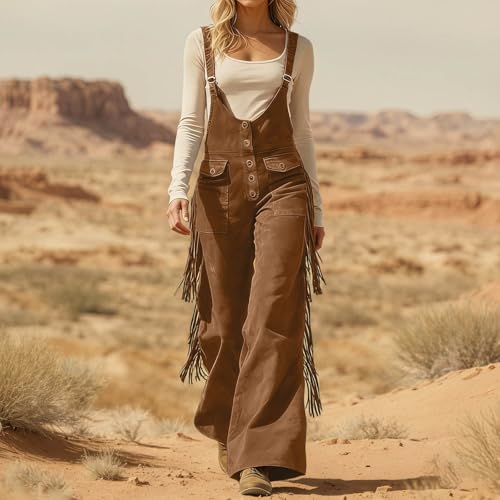 Image of Womens Suede Fringe Sexy Cowgirl Jumpsuits Country Concert Western Cargo Overalls High Waisted Romper Vintage Outfit