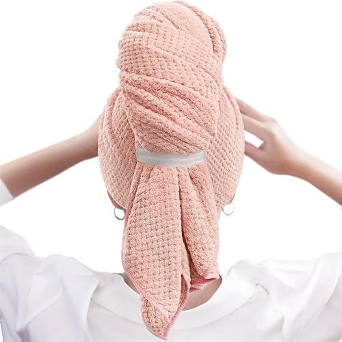 AquaFalcon Large Microfiber Hair Towel Wrap for Women Anti Frizz Hair Drying Towel with Elastic Strap Fast Dry | Super Absorbent | Quick Dry Hair Turban for Wet Curly Long & Thick Hair (Pink)