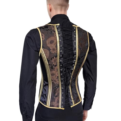 Men Corset Vest Slimm Fit Waistcoat Lace Up Bones Waist Trainer Brown Floral Gold Dress Vest Party Stage2
