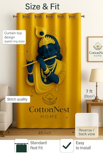 Image of Cotton Nest Home 3D Printed Krishna Bansuri Velvet Curtain | 7 Feet Door & Window Parda | Home & Decor Curtain for Pooja Room, Living Room & Bedroom | Premium Soft Velvet Curtains(Pack of 2)
