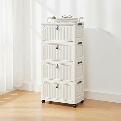Image of House of Quirk Foldable Storage Box Cart with Wheels & Handle, Multi-Layer Stackable Plastic Storage Bins with Lid, Front Opening Door Organizer, Large Capacity Portable Cabinet (White, 4 Layer)