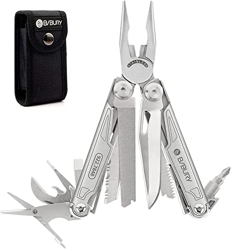 BIBURY Multitool, 19-in-1 Stainless Steel Multi Tool with Fold-able Pliers, Screwdriver Sleeve, Scissors, Nylon Pouch, Muti-tool for Camping Survival Hiking Hunting Repairing, Gifts for Him