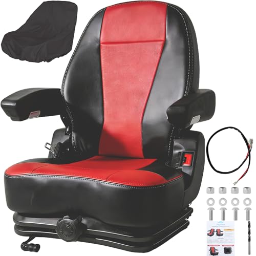 hightall Lawn Mower Seat with Cover,Spring-Dampers Heavy Duty Tractor Suspension Seat for Zero Turn Mower Tractor Excavator Harvester Forklift,Adjustable Slide Rails/Armrest,Seatbelt