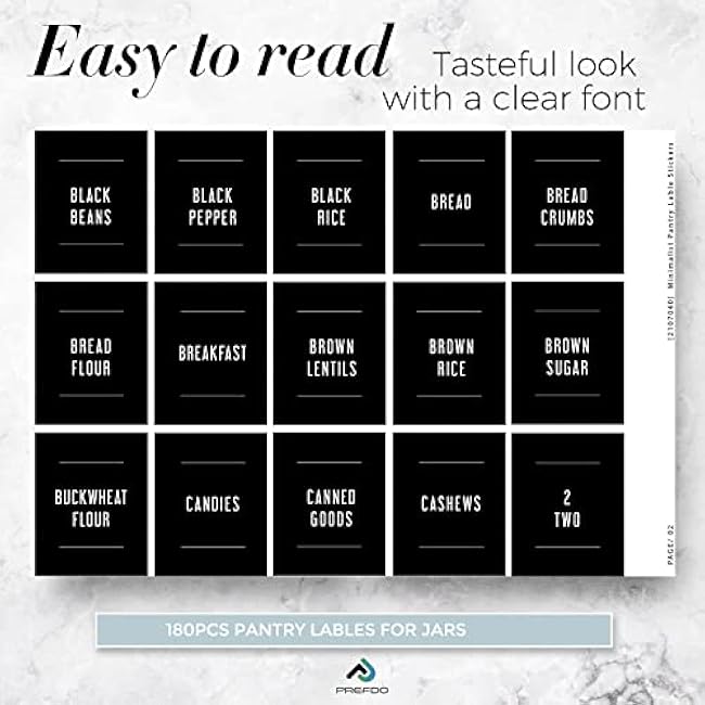 180 Preprinted Pantry Labels, Prefdo Waterproof Minimalist Food Label Stickers Set to Kitchen Organization Storage Containers, Jars & Canisters£¨Black£©