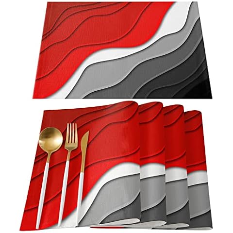 Modern Placemats Set of 6 Red and Black Geometric Place Mats for Dining Room Dinner Table Grey Abstract Beach Washable Table Mats Kitchen Decorations Cover