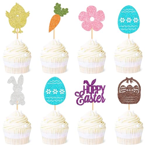 Ercadio Paquete de 24 adornos para cupcakes de Pascua con purpurina, huevos de conejo, zanahoria, cupcakes, decoración de baby shower, suministros de fiesta de cumpleaños