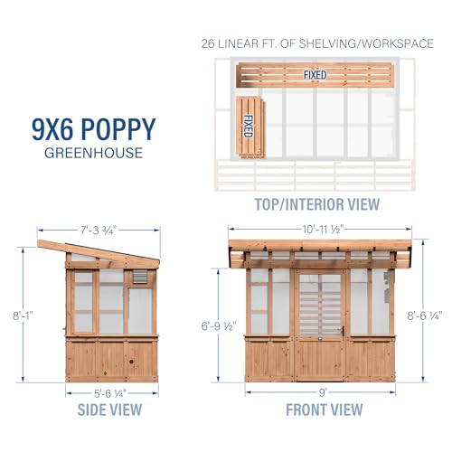 Image of Backyard Discovery Poppy 9' x 6' Cedar Wood and Polycarbonate Walk-in Greenhouse Kit with Exhaust Fan, Windows, Hose Hook-Ups, PowerPort, Staging Shelves, Plant Hooks for Year-Round Outdoor Gardening