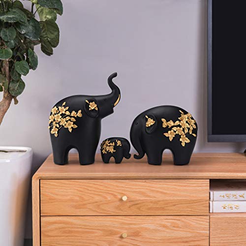 Brasstar Elephants Statue Black Resin Golden Flower Ornament Three Elephant Family Home Office Feng Shui Decor Gift Tqzdpt28 #TOP5
