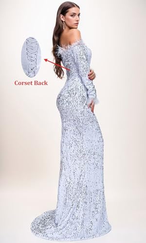 Jamille Sparkly Sequin Prom Dresses for Women Long Sleeve Mermaid Evening Gown for Women Formal Feather Off Shoulder JA01874