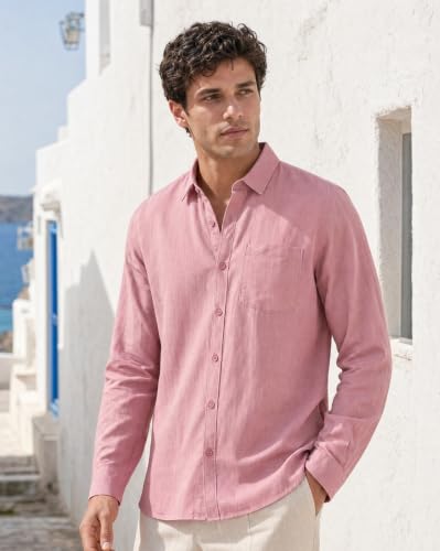 Image of Nobero Breezy Premium Linen Cotton Shirt for Men | Stylish Casual Shirts for Men | Semi Cut Collar | Box Pleat | Curved Hem | Regular Fit | Full Sleeve | S-XXXL