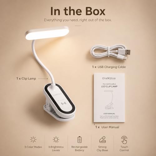 Image of One94Store FlexiBeam Design Rechargeable LED Clip Lamp | Wide Beam Flexible Desk & Bedside Light | USB Powered Study & Reading Lamp with Clamp Base | White